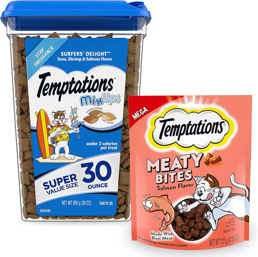 Bundle Pack | Mixups Crunchy and Soft Cat Treats, Surfer'S Delight Flavor, 30 Oz. Tub Meaty Bites, Soft and Savory Cat Treats, Salmon Flavor, 4.12 Oz. Pouch